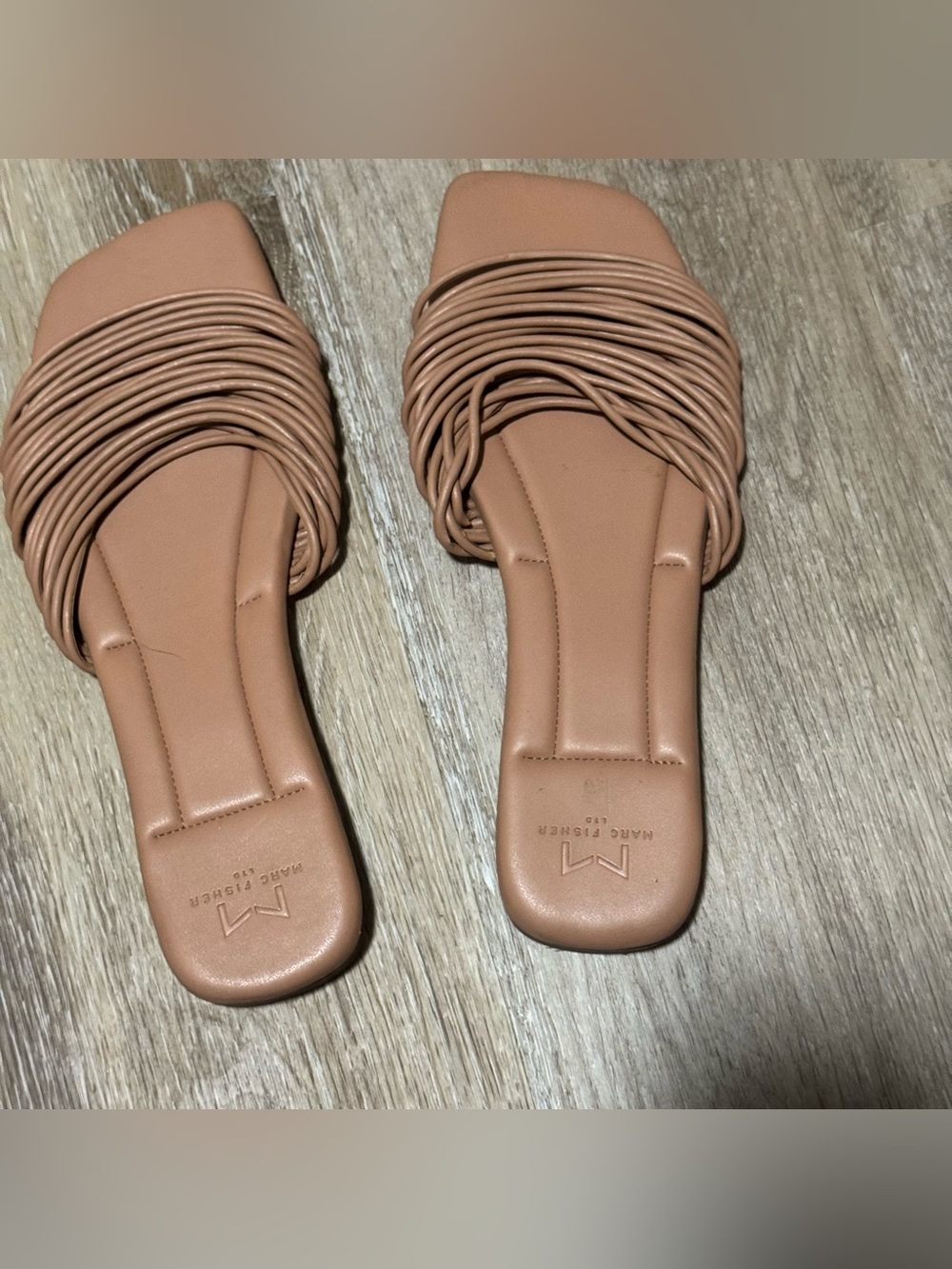 Marc Fisher LTD nude tan ruched multi-strap slide sandals